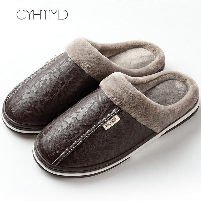 Men's Memory Foam Plush Non-Slip Indoor Leather Slippers