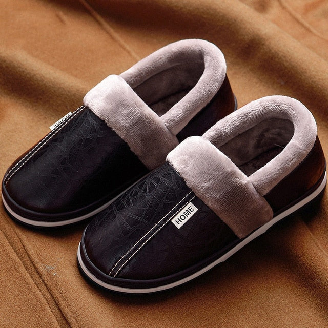 Men's Memory Foam Plush Non-Slip Indoor Leather Slippers